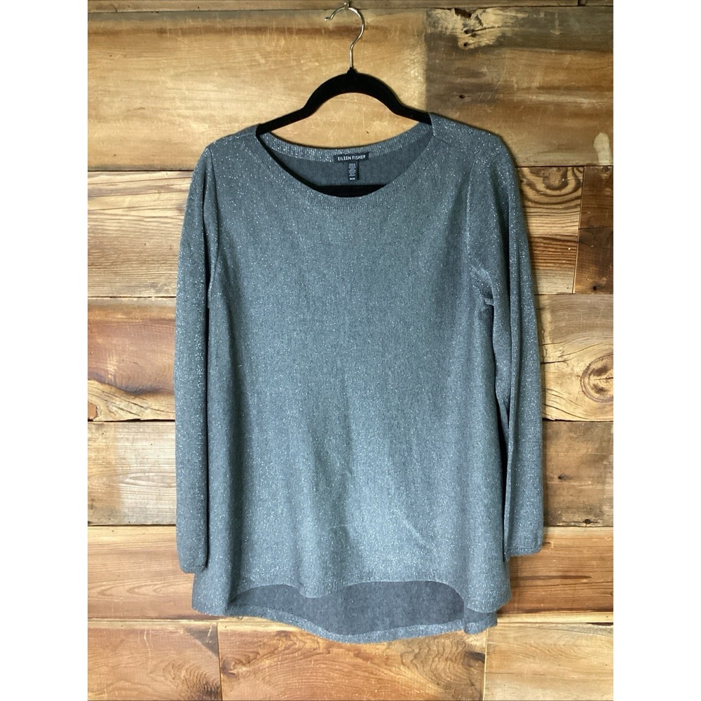 Eileen Fisher Gray Metallic Knit Organic Cotton Blend Long Line Hi-Low M